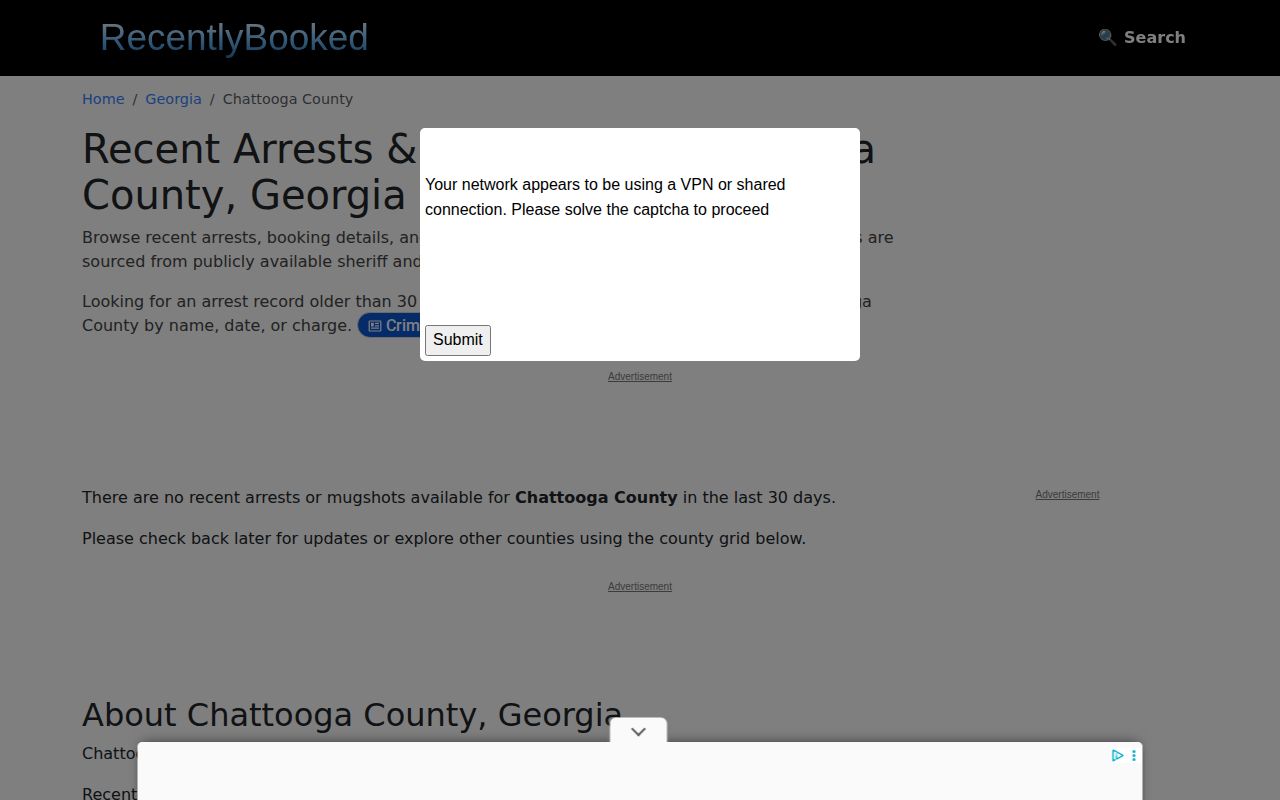 RecentlyBooked Chattooga County page showing an unofficial recent-arrests resource