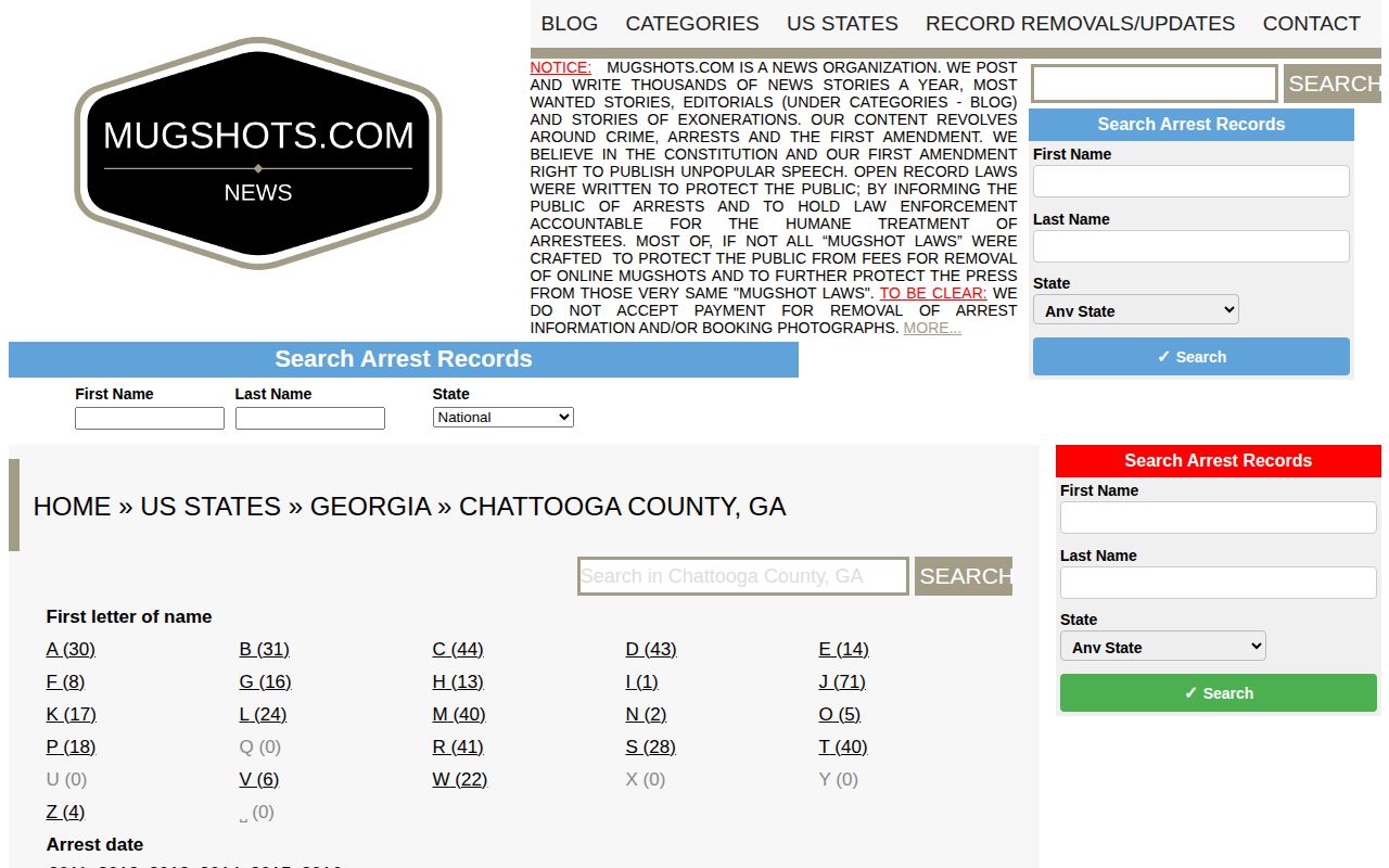 Mugshots.com Chattooga County archive showing a historical unofficial county page