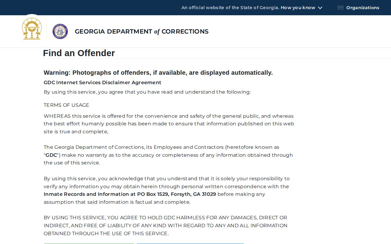 Georgia Department of Corrections offender search form with photo availability warning