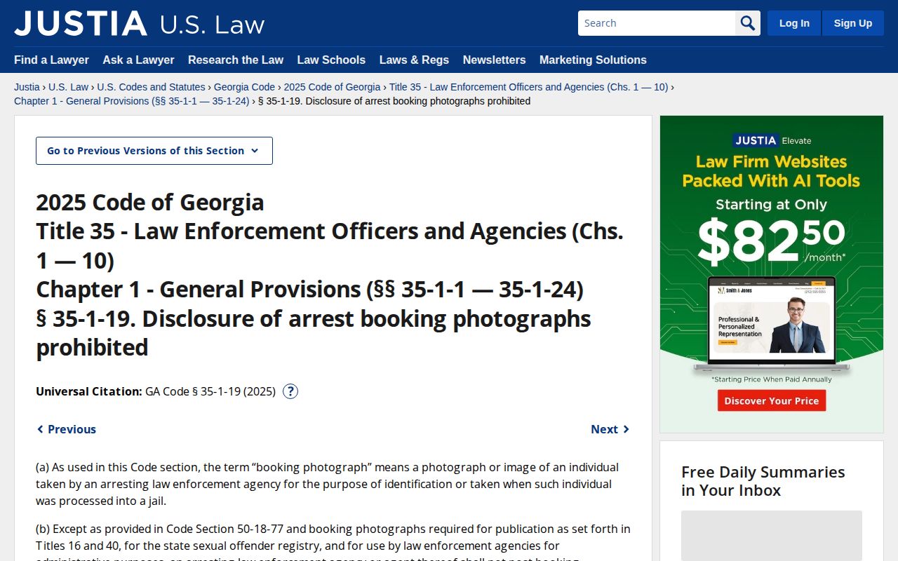 Georgia booking-photograph statute page covering Chattooga County mugshot publication