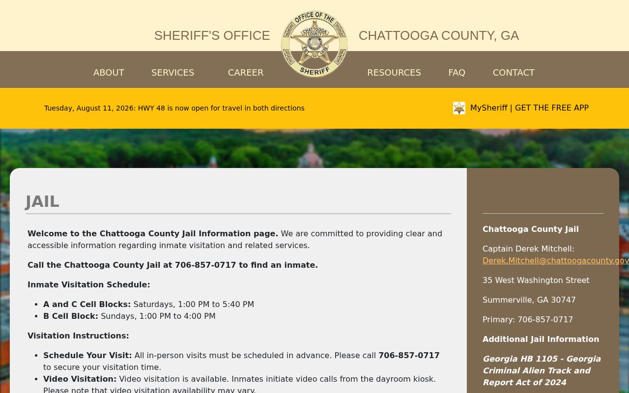 Chattooga County Jail official inmate information and phone lookup page