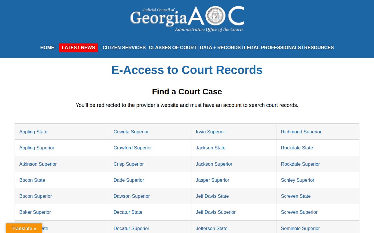 Georgia Courts e-access gateway for Chattooga County case records