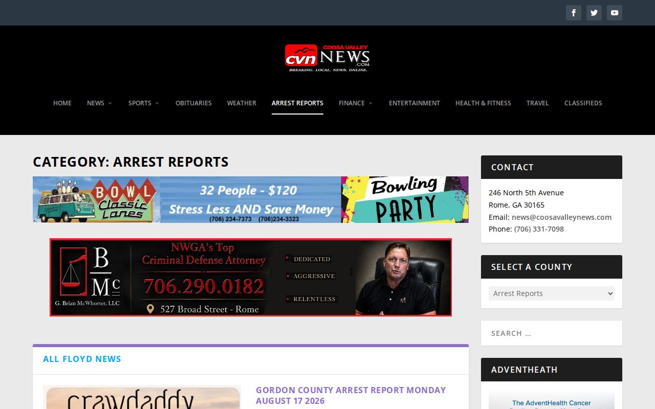 Coosa Valley News Chattooga County arrest-report category used to locate recent booking reports